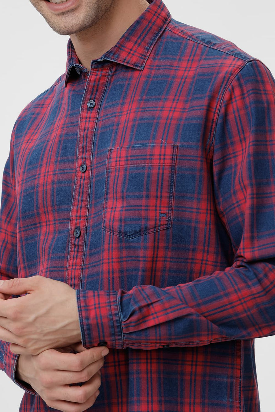 BASICS SLIM FIT WINTERBERRY RED COTTON INDIGO CHECKS SHIRT