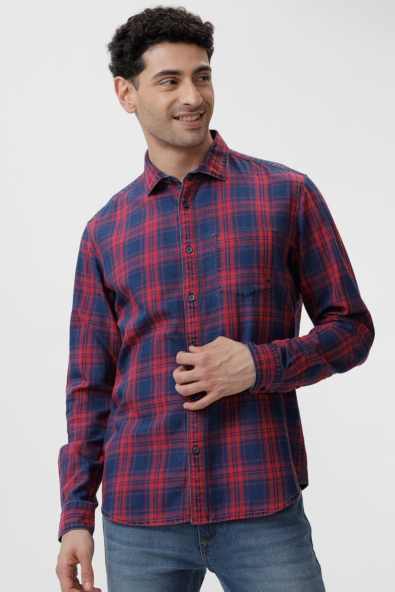 SLIM FIT COTTON INDIGO CHECKS SHIRT