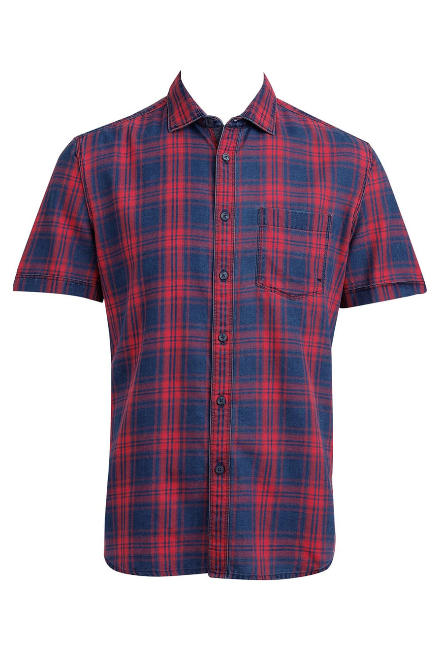 BASICS SLIM FIT WINTERBERRY RED COTTON INDIGO CHECKS HALFSLEEVES SHIRT