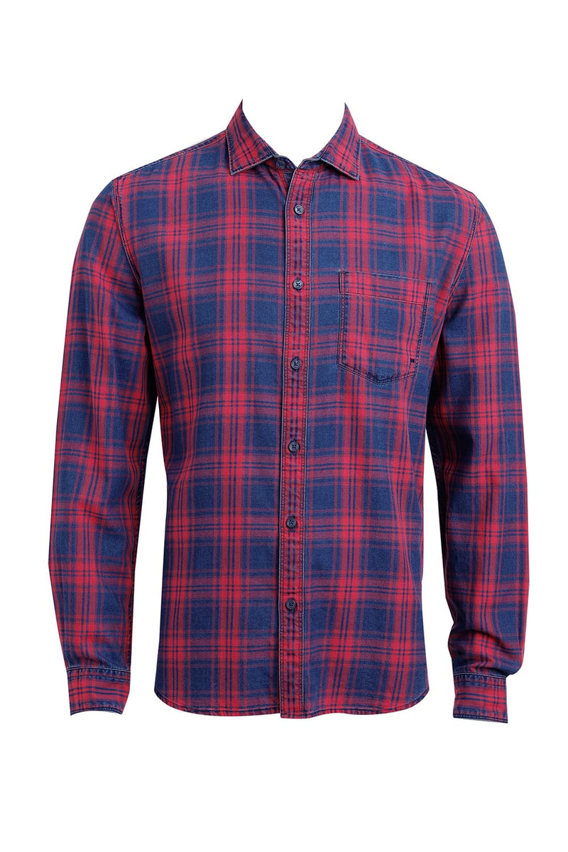 SLIM FIT COTTON INDIGO CHECKS SHIRT