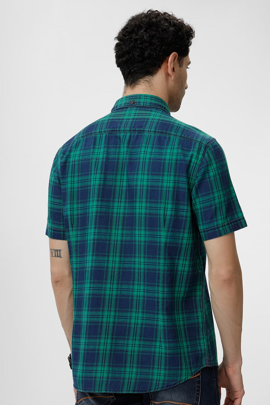 BASICS SLIM FIT GREEN TAMBOURINE COTTON INDIGO CHECKS HALFSLEEVES SHIRT