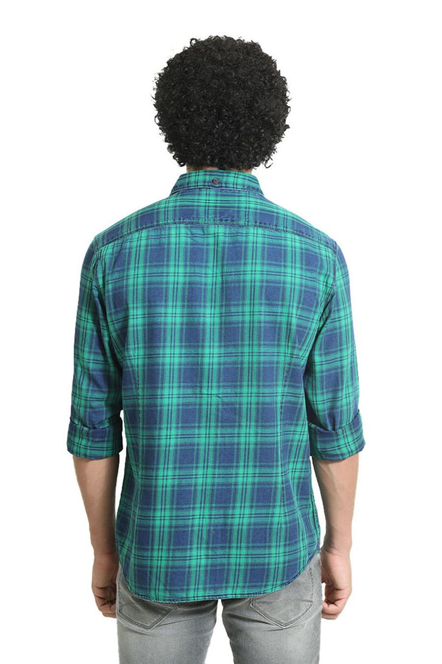 BASICS SLIM FIT GREEN TAMBOURINE COTTON INDIGO CHECKS SHIRT