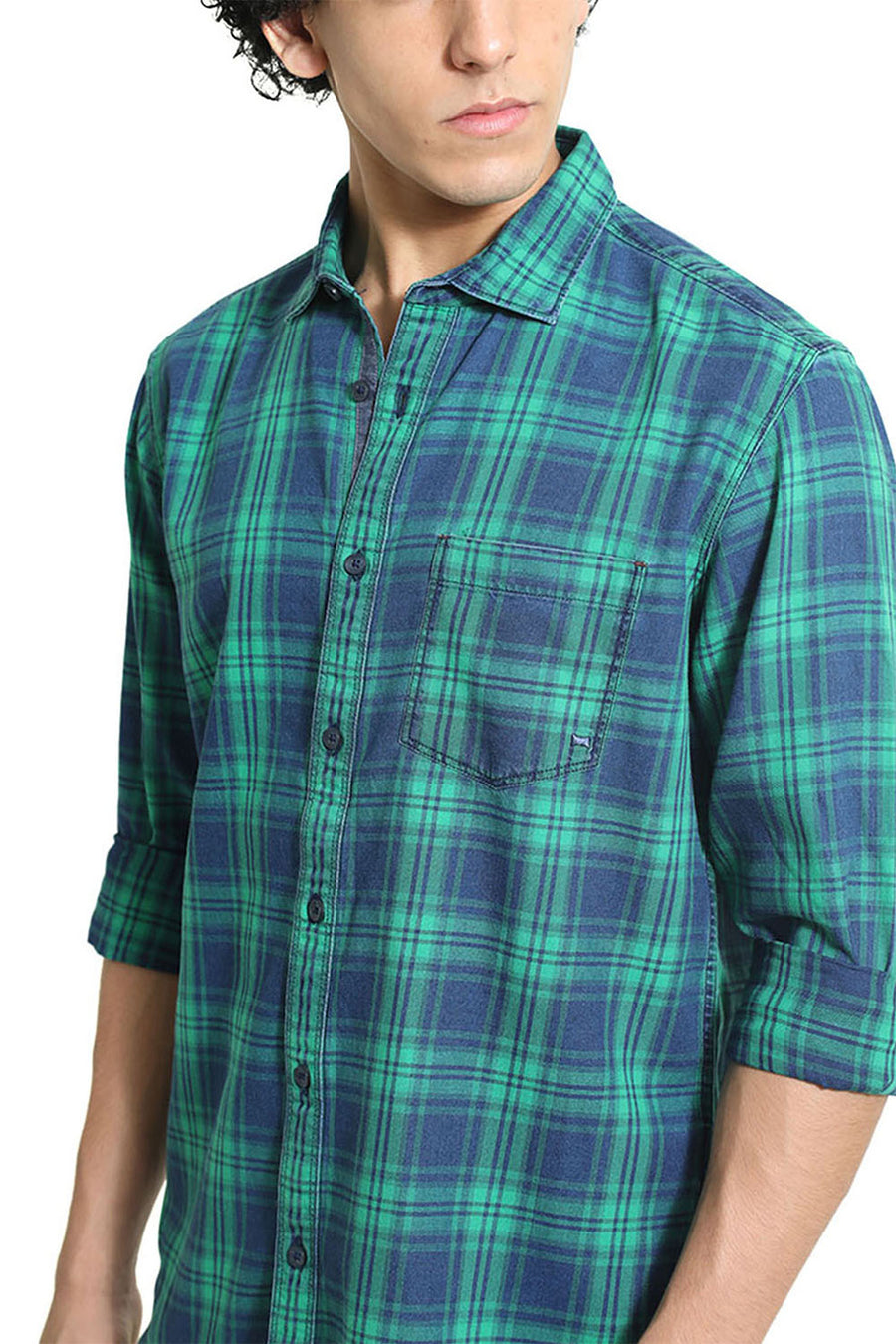 BASICS SLIM FIT GREEN TAMBOURINE COTTON INDIGO CHECKS SHIRT