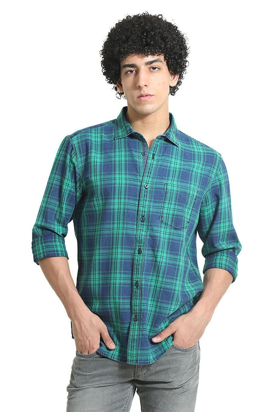 BASICS SLIM FIT GREEN TAMBOURINE COTTON INDIGO CHECKS SHIRT