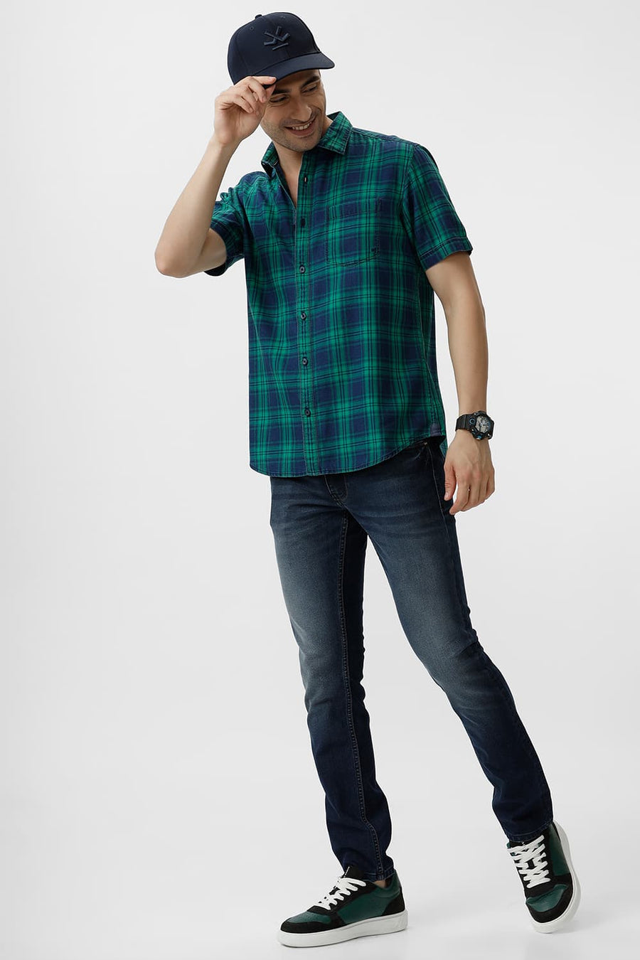 BASICS SLIM FIT GREEN TAMBOURINE COTTON INDIGO CHECKS HALFSLEEVES SHIRT
