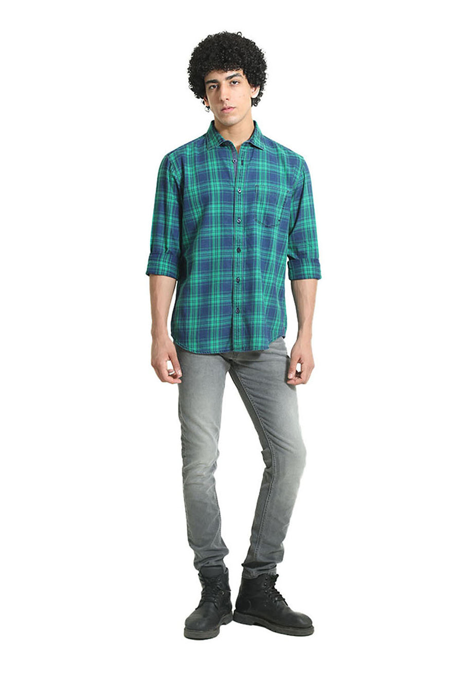 BASICS SLIM FIT GREEN TAMBOURINE COTTON INDIGO CHECKS SHIRT