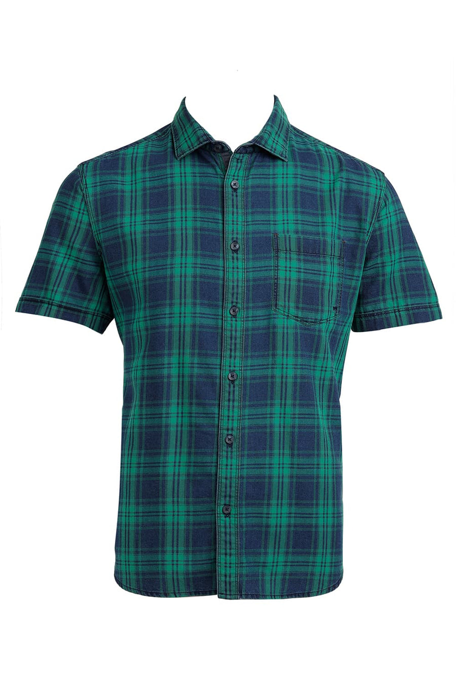 BASICS SLIM FIT GREEN TAMBOURINE COTTON INDIGO CHECKS HALFSLEEVES SHIRT
