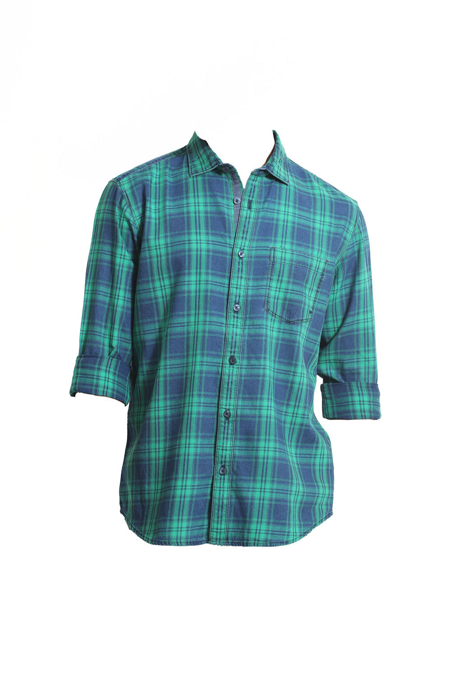 BASICS SLIM FIT GREEN TAMBOURINE COTTON INDIGO CHECKS SHIRT