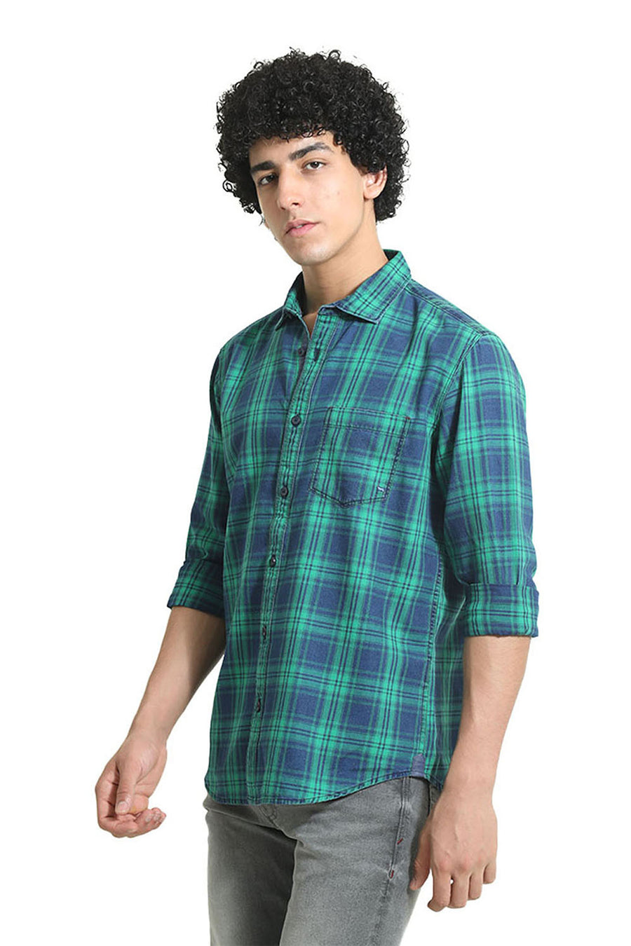 BASICS SLIM FIT GREEN TAMBOURINE COTTON INDIGO CHECKS SHIRT