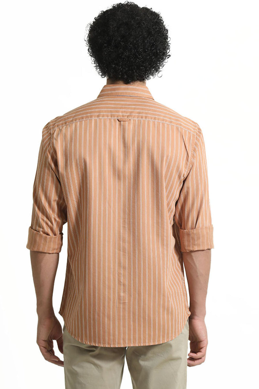 BASICS SLIM FIT CARAMEL BROWN COTTON TWILL STRIPE SHIRT