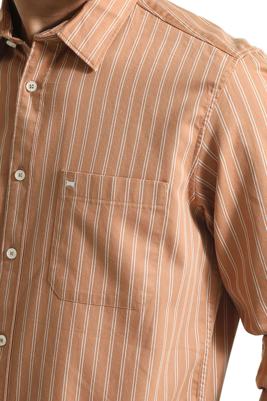 BASICS SLIM FIT CARAMEL BROWN COTTON TWILL STRIPE SHIRT