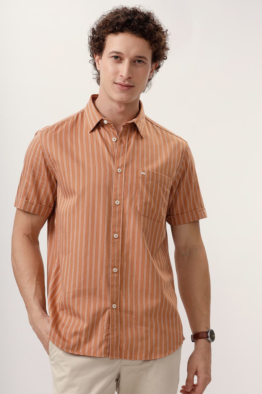 BASICS SLIM FIT CARAMEL BROWN COTTON TWILL STRIPE HALFSLEEVES SHIRT