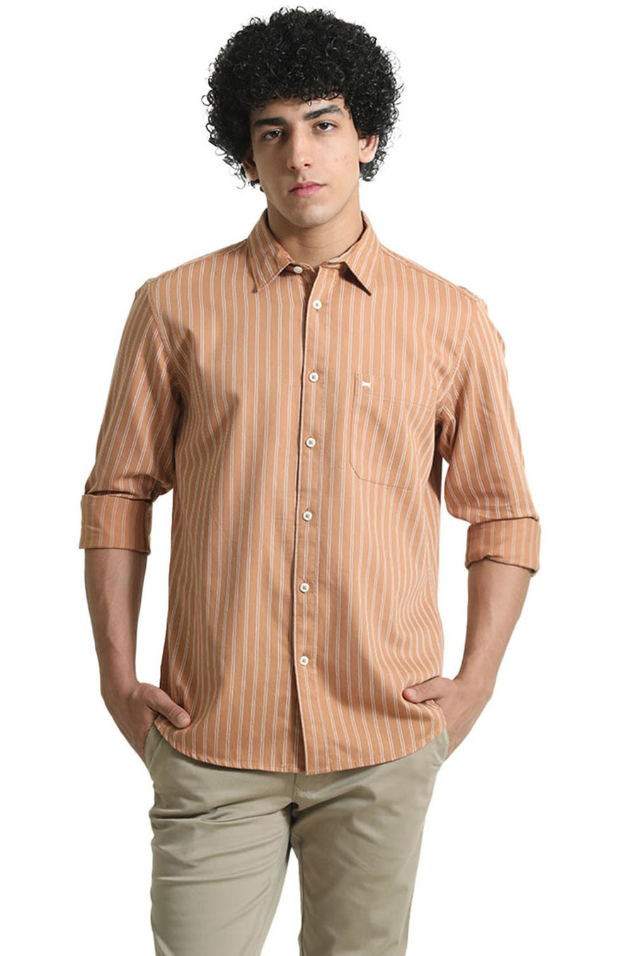 BASICS SLIM FIT CARAMEL BROWN COTTON TWILL STRIPE SHIRT