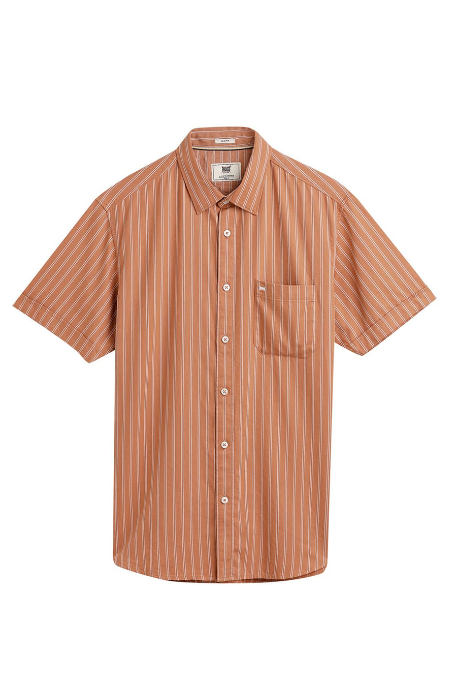 BASICS SLIM FIT CARAMEL BROWN COTTON TWILL STRIPE HALFSLEEVES SHIRT