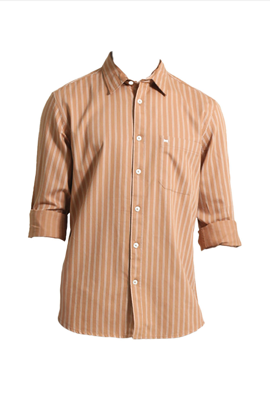BASICS SLIM FIT CARAMEL BROWN COTTON TWILL STRIPE SHIRT