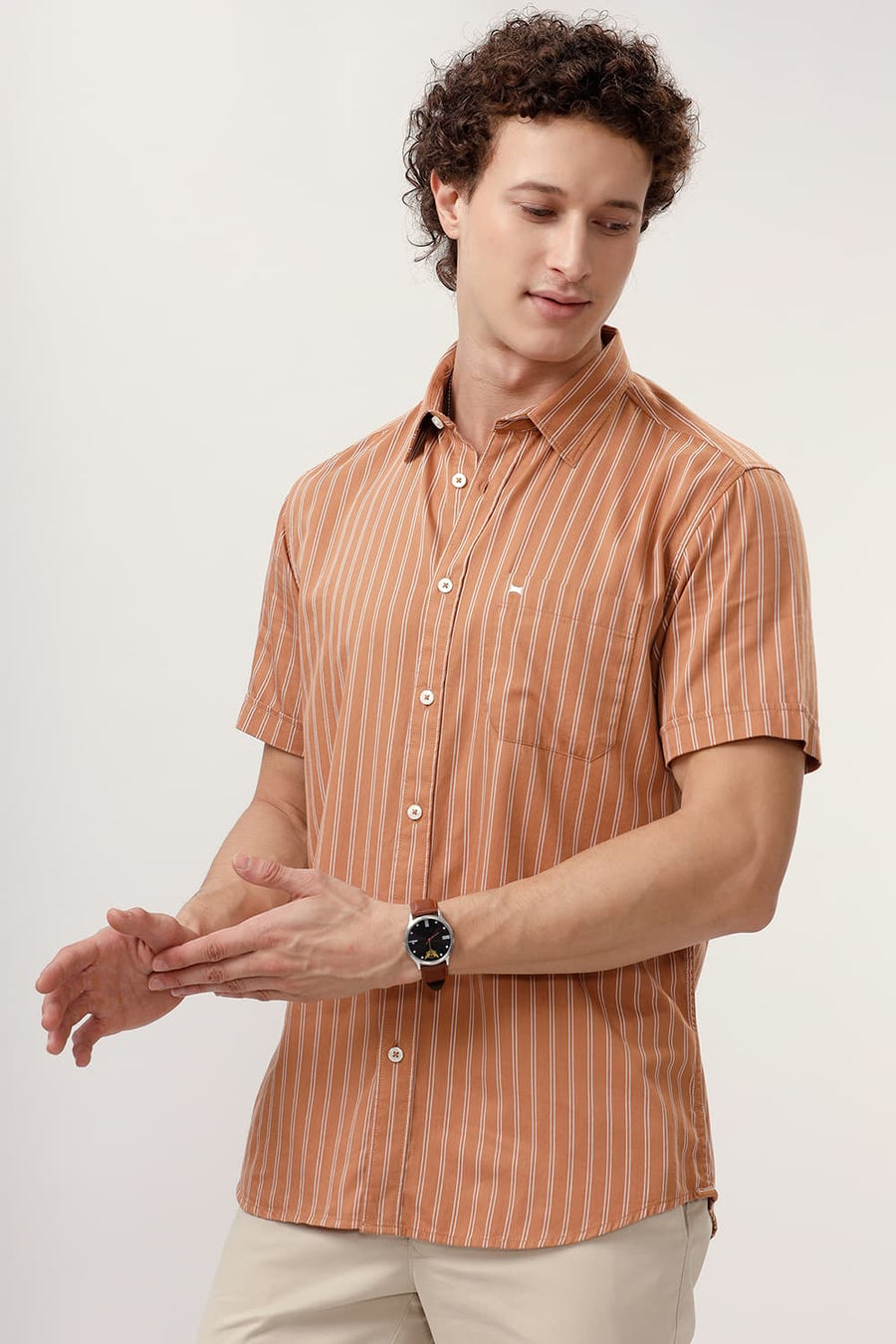 BASICS SLIM FIT CARAMEL BROWN COTTON TWILL STRIPE HALFSLEEVES SHIRT