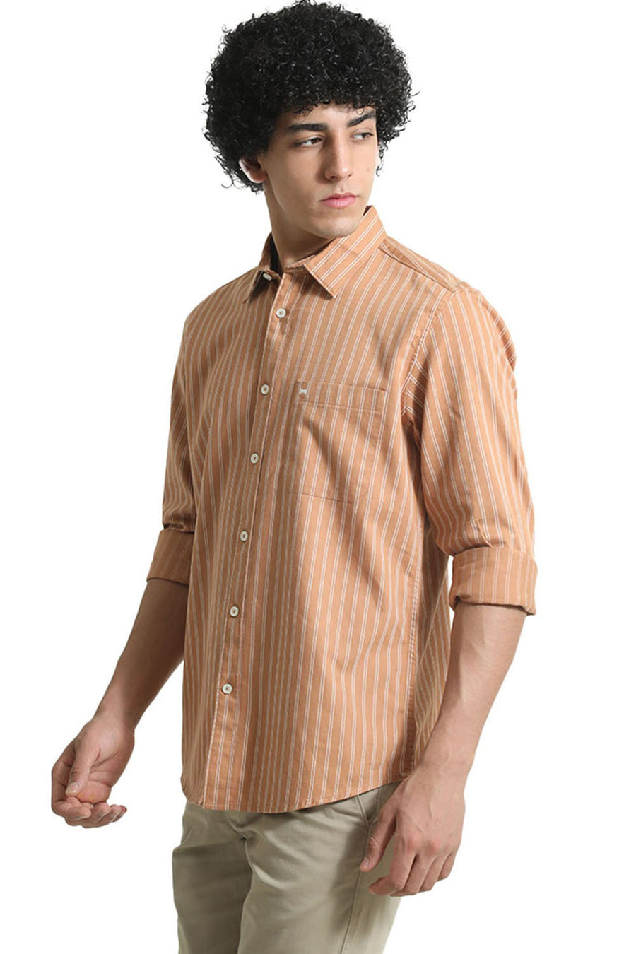 BASICS SLIM FIT CARAMEL BROWN COTTON TWILL STRIPE SHIRT