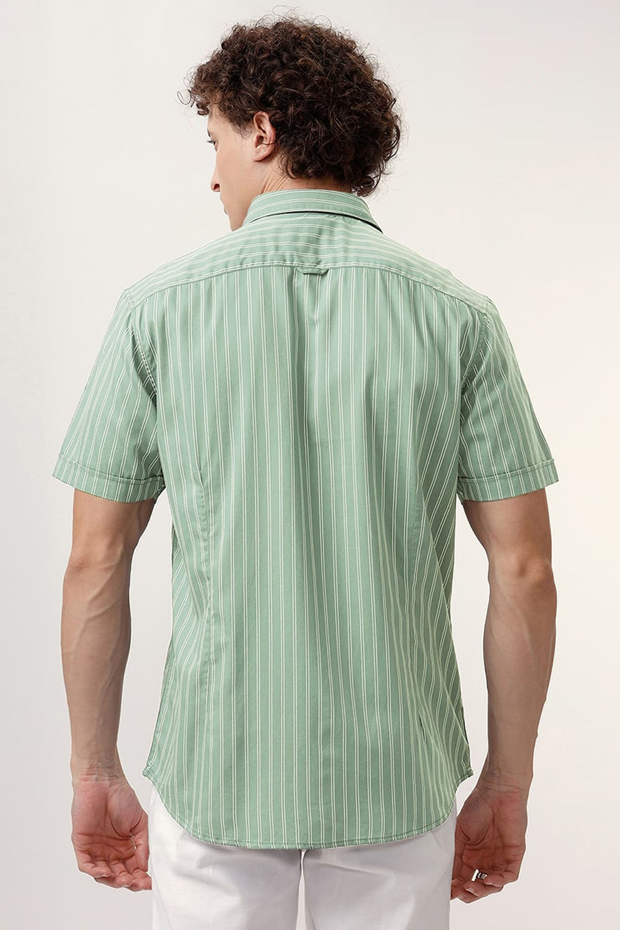 BASICS SLIM FIT LEAD GREEN COTTON TWILL STRIPE HALFSLEEVES SHIRT