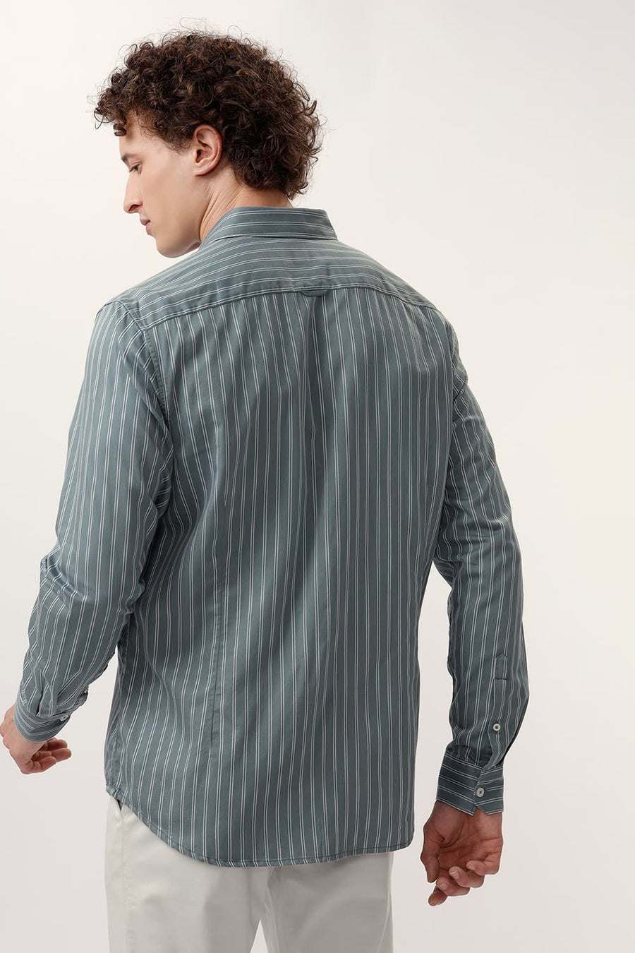 BASICS SLIM FIT LEAD GREEN COTTON TWILL STRIPE SHIRT
