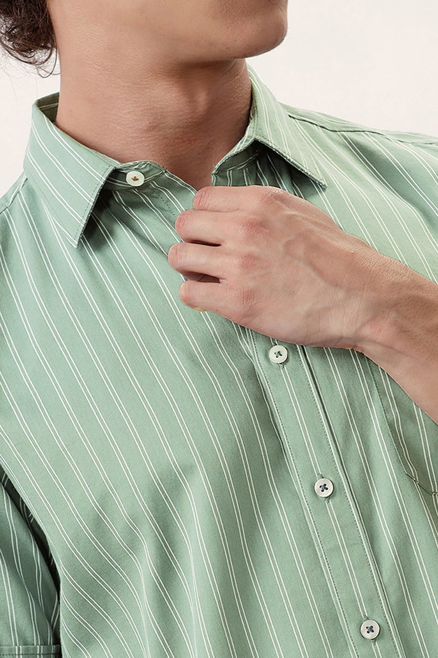 BASICS SLIM FIT LEAD GREEN COTTON TWILL STRIPE HALFSLEEVES SHIRT