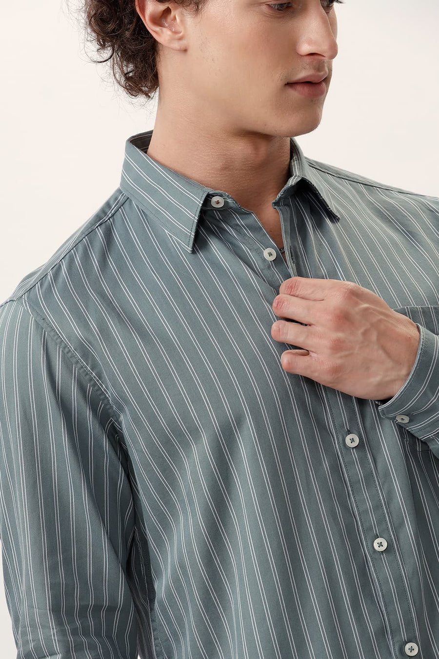 BASICS SLIM FIT LEAD GREEN COTTON TWILL STRIPE SHIRT