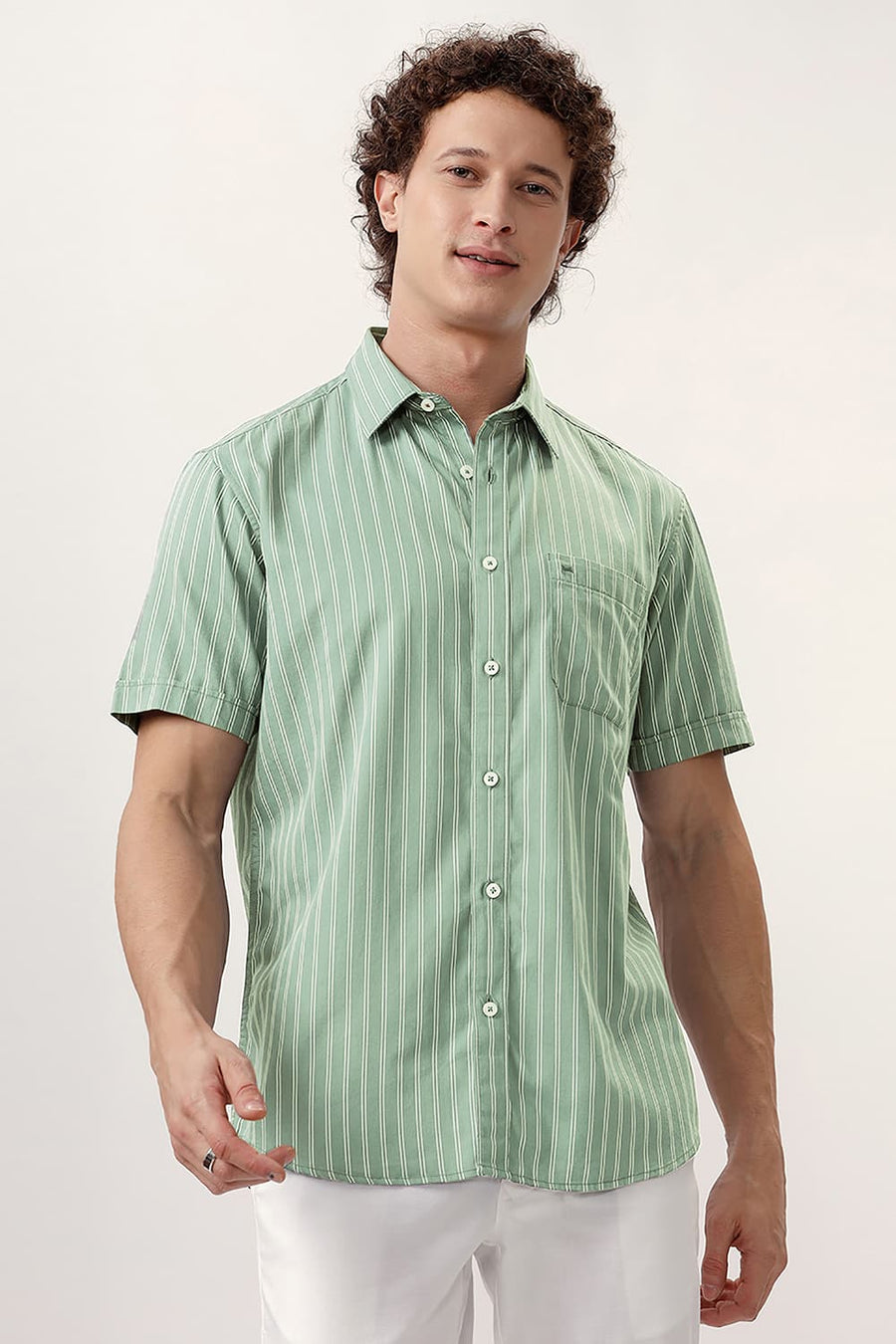 BASICS SLIM FIT LEAD GREEN COTTON TWILL STRIPE HALFSLEEVES SHIRT