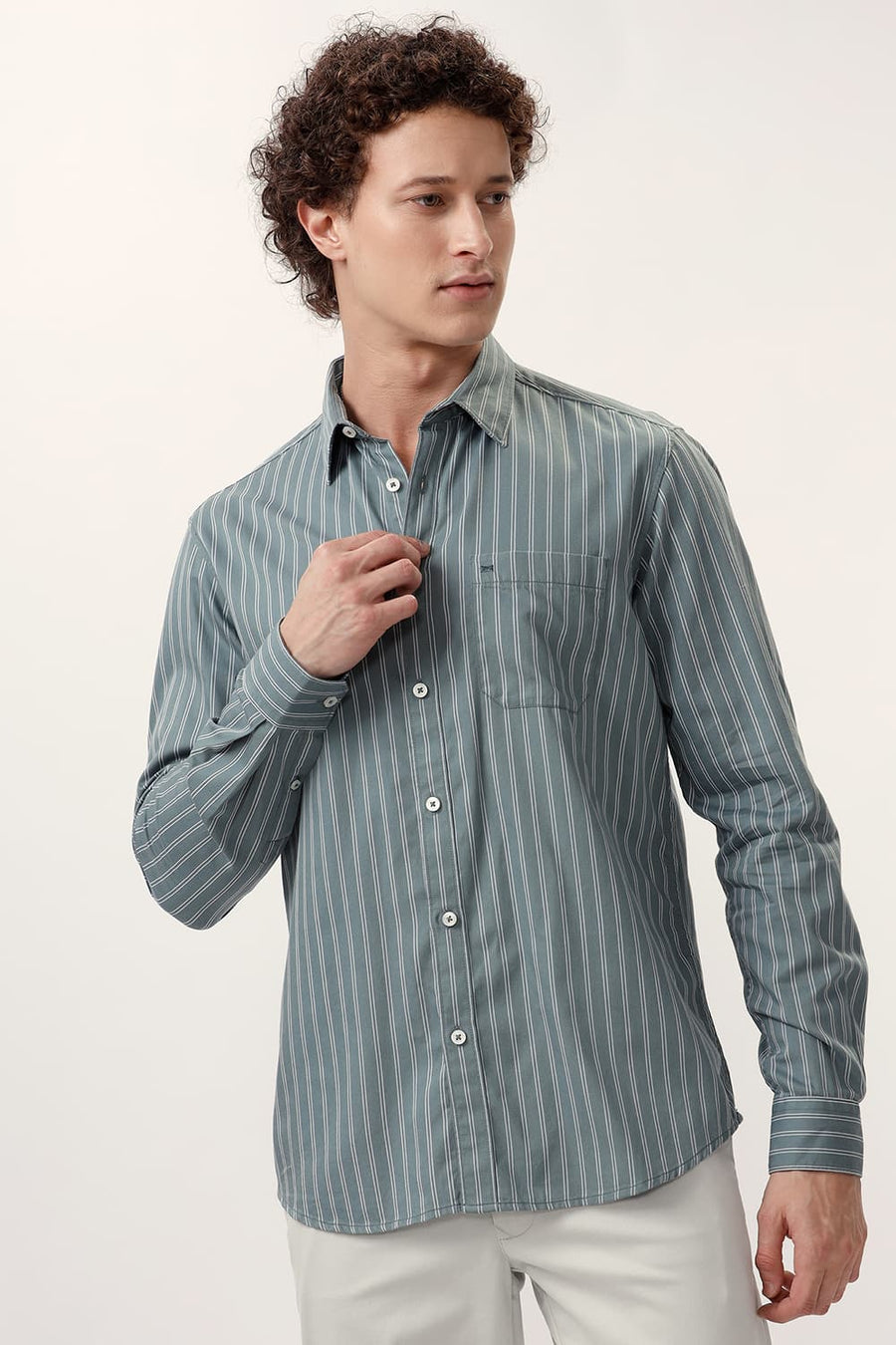 BASICS SLIM FIT LEAD GREEN COTTON TWILL STRIPE SHIRT