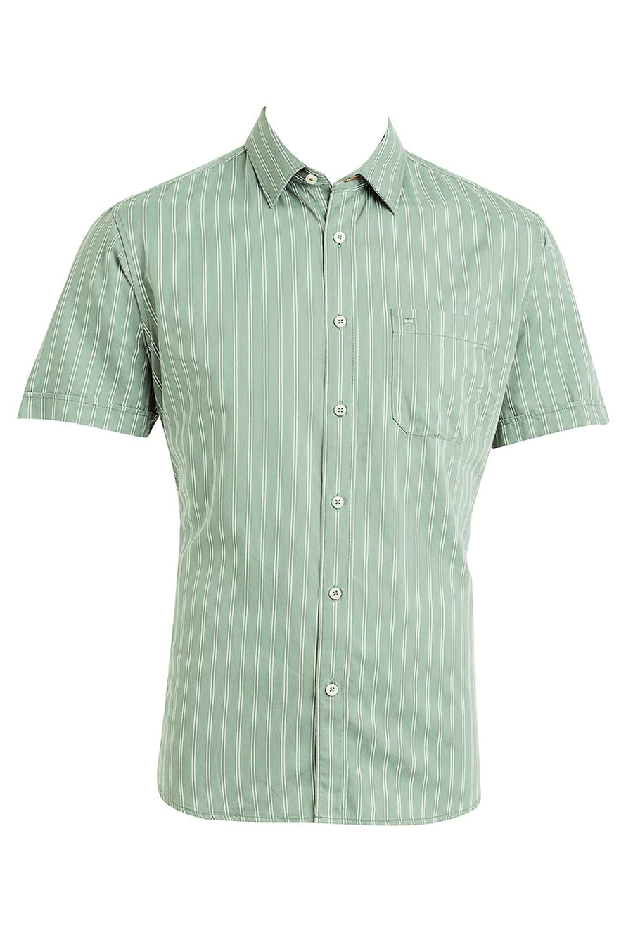 BASICS SLIM FIT LEAD GREEN COTTON TWILL STRIPE HALFSLEEVES SHIRT