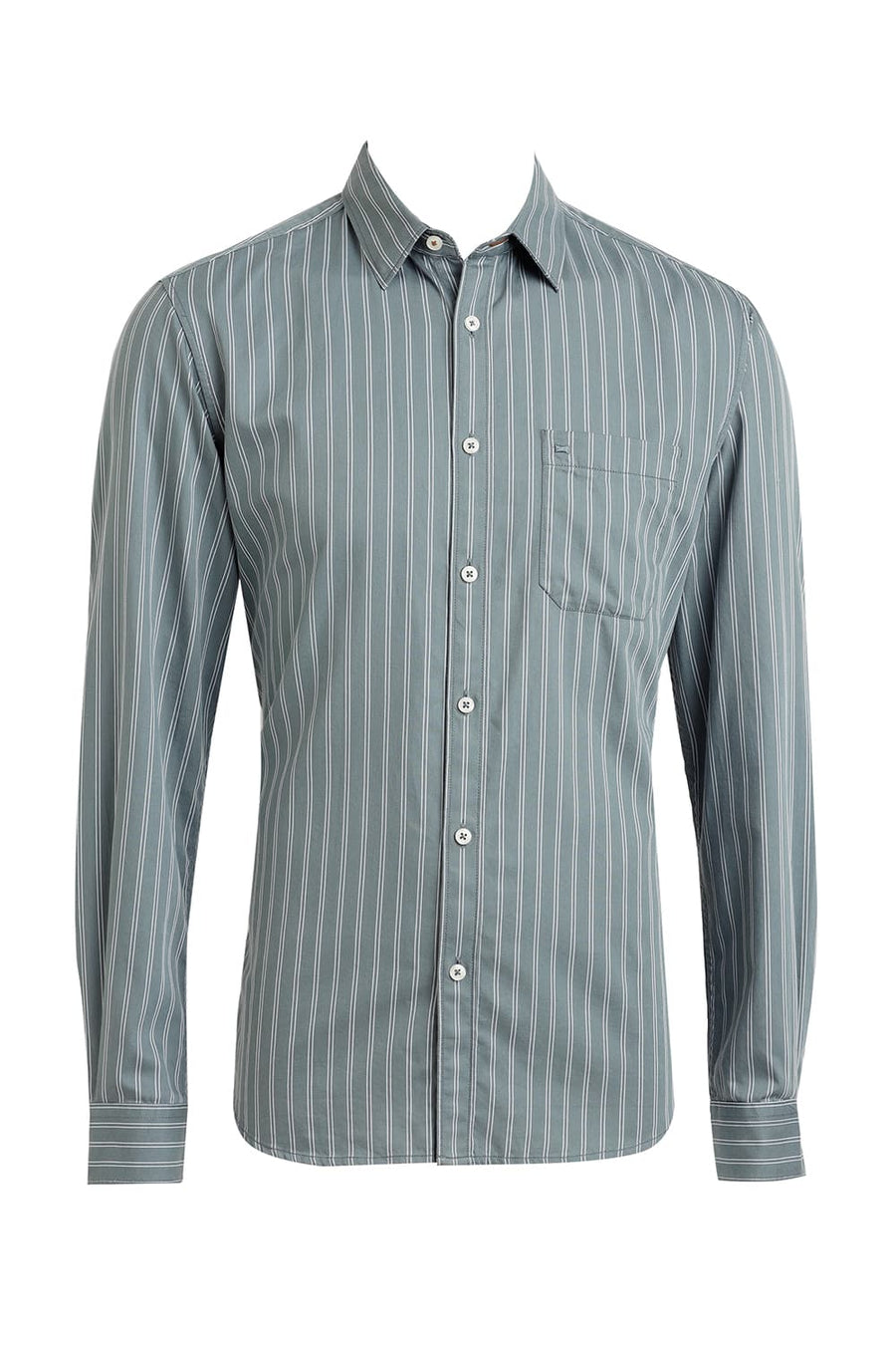 BASICS SLIM FIT LEAD GREEN COTTON TWILL STRIPE SHIRT