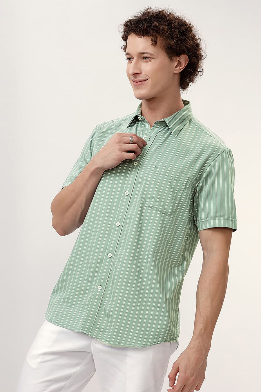 BASICS SLIM FIT LEAD GREEN COTTON TWILL STRIPE HALFSLEEVES SHIRT