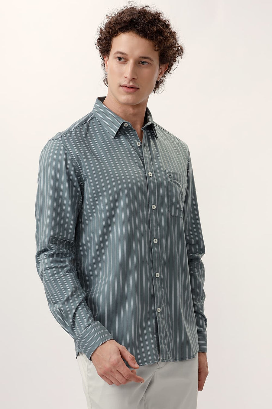 BASICS SLIM FIT LEAD GREEN COTTON TWILL STRIPE SHIRT