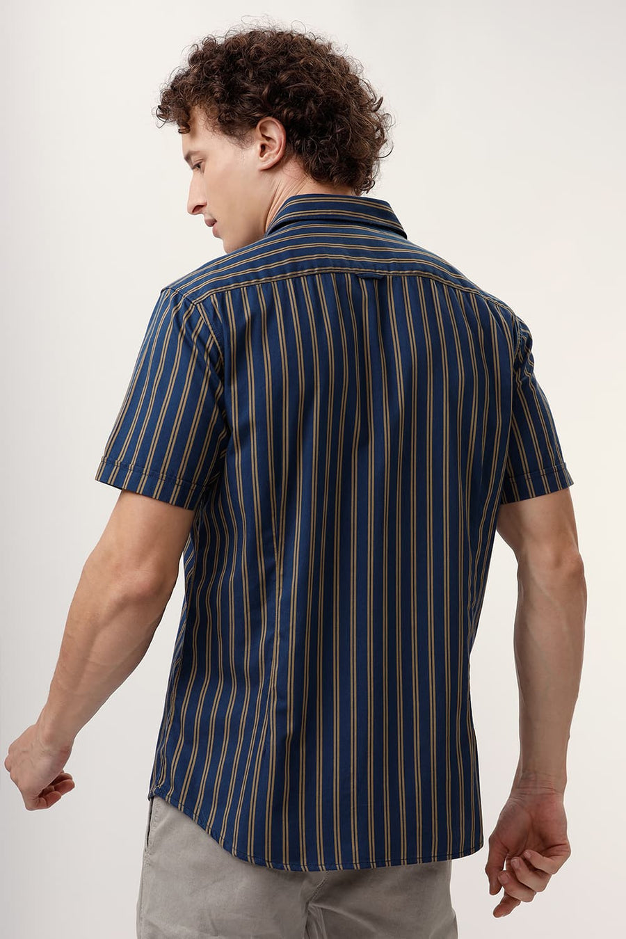 BASICS SLIM FIT SAILOR NAVY COTTON TWILL STRIPE HALFSLEEVES SHIRT