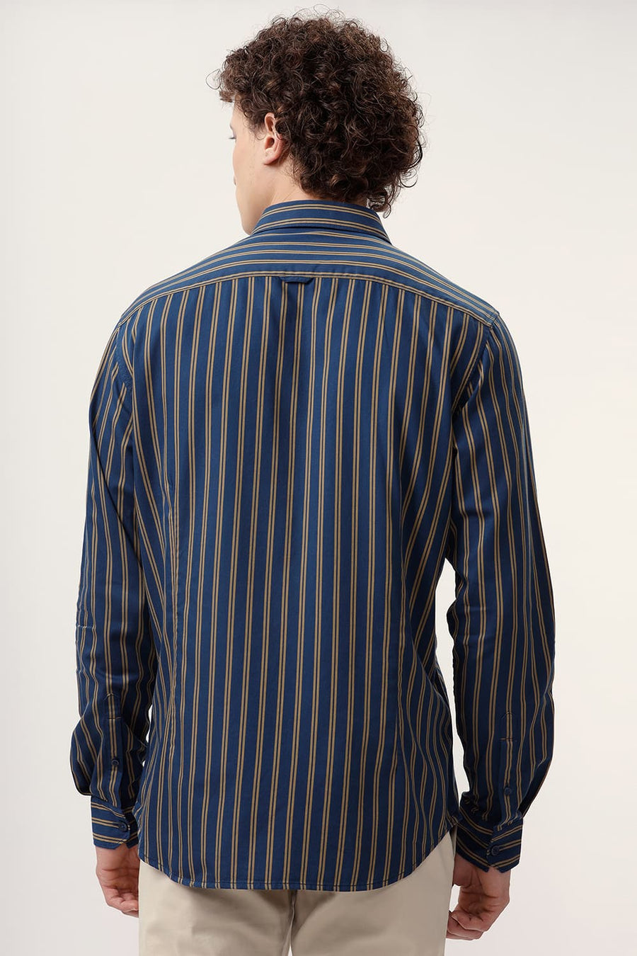 BASICS SLIM FIT SAILOR NAVY COTTON TWILL STRIPE SHIRT
