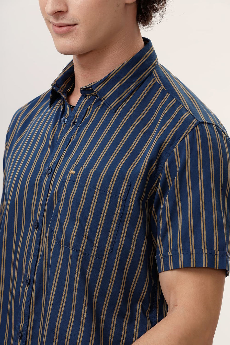 BASICS SLIM FIT SAILOR NAVY COTTON TWILL STRIPE HALFSLEEVES SHIRT