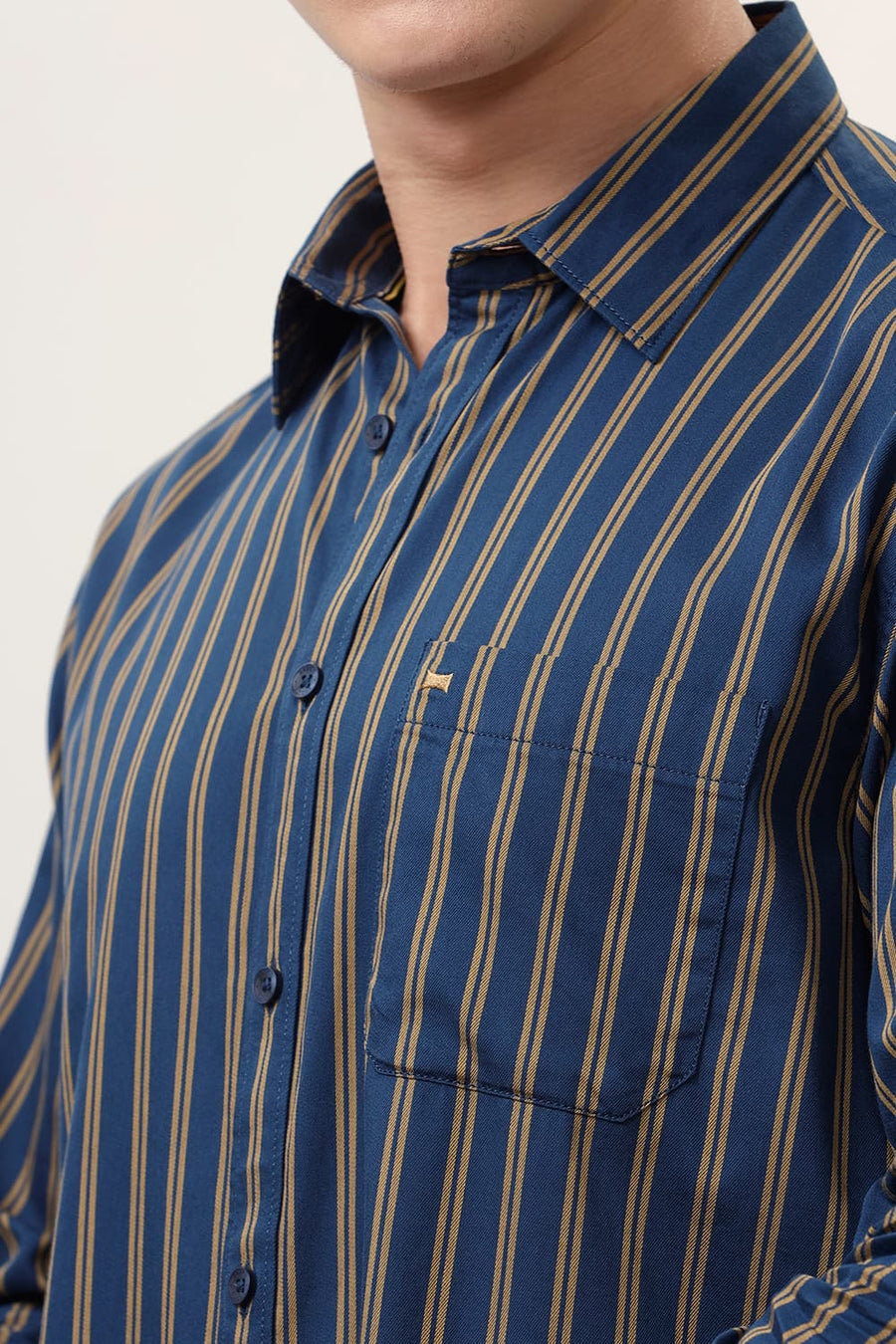 BASICS SLIM FIT SAILOR NAVY COTTON TWILL STRIPE SHIRT