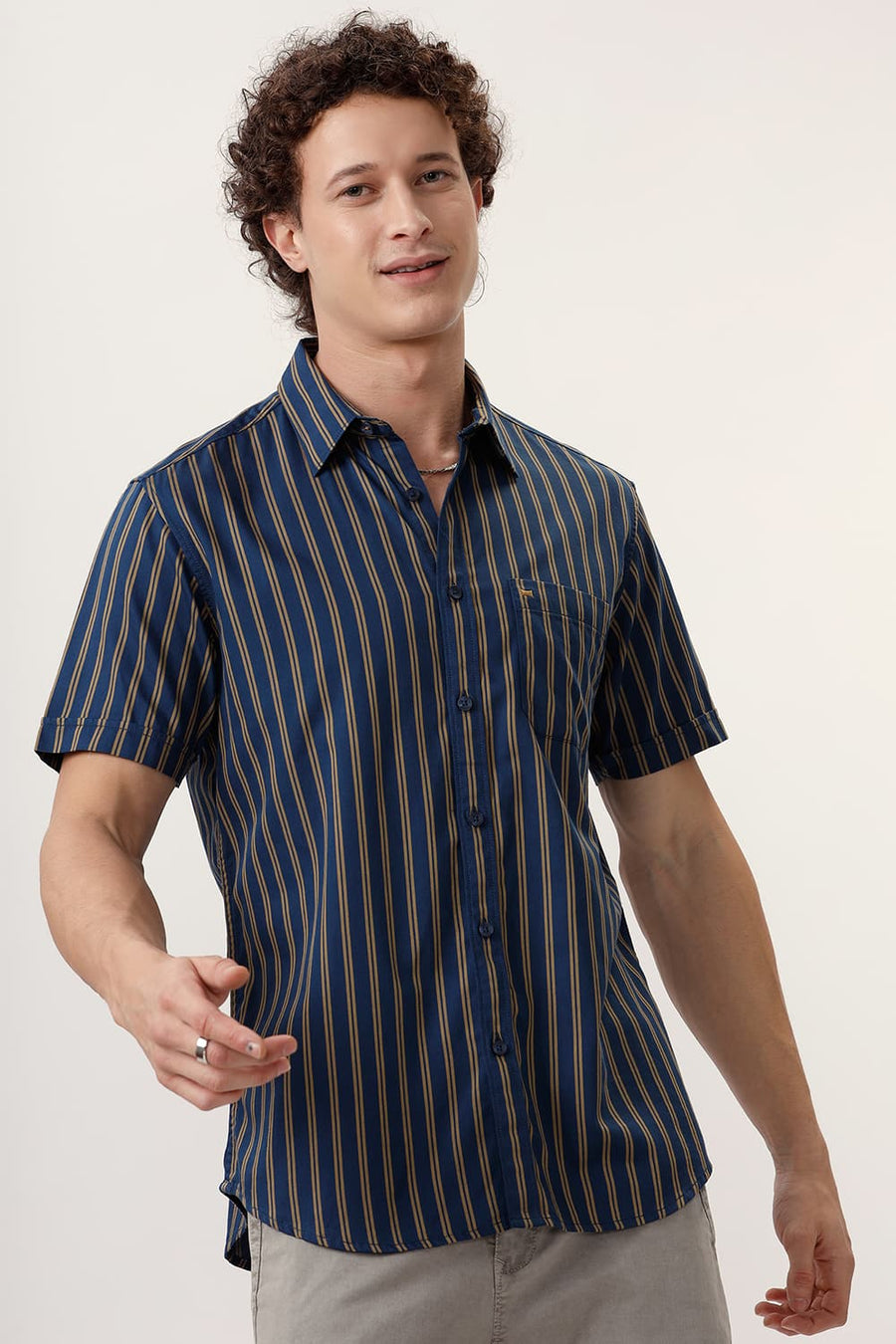 BASICS SLIM FIT SAILOR NAVY COTTON TWILL STRIPE HALFSLEEVES SHIRT