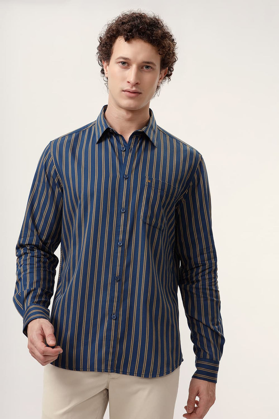 BASICS SLIM FIT SAILOR NAVY COTTON TWILL STRIPE SHIRT