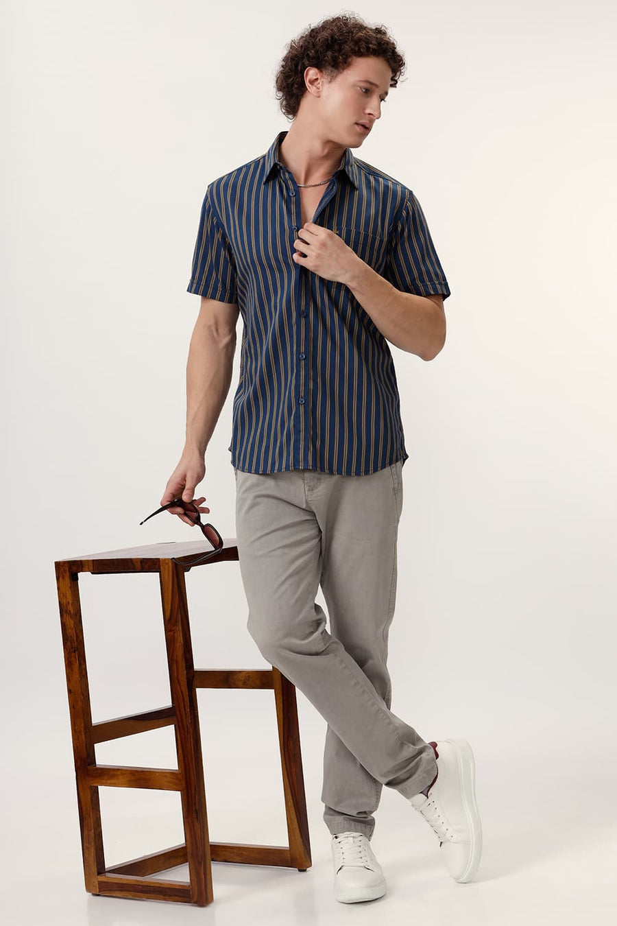 BASICS SLIM FIT SAILOR NAVY COTTON TWILL STRIPE HALFSLEEVES SHIRT