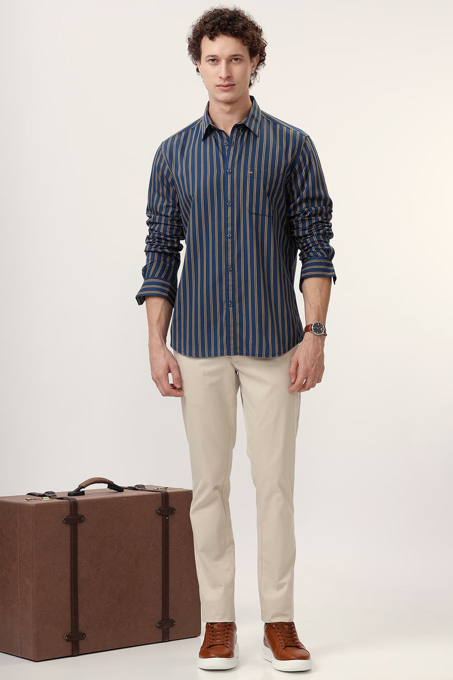 BASICS SLIM FIT SAILOR NAVY COTTON TWILL STRIPE SHIRT