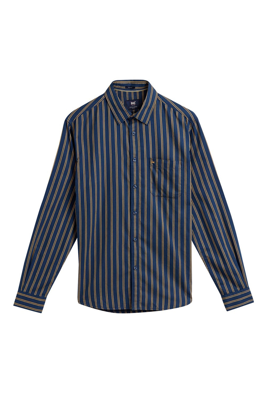 BASICS SLIM FIT SAILOR NAVY COTTON TWILL STRIPE SHIRT