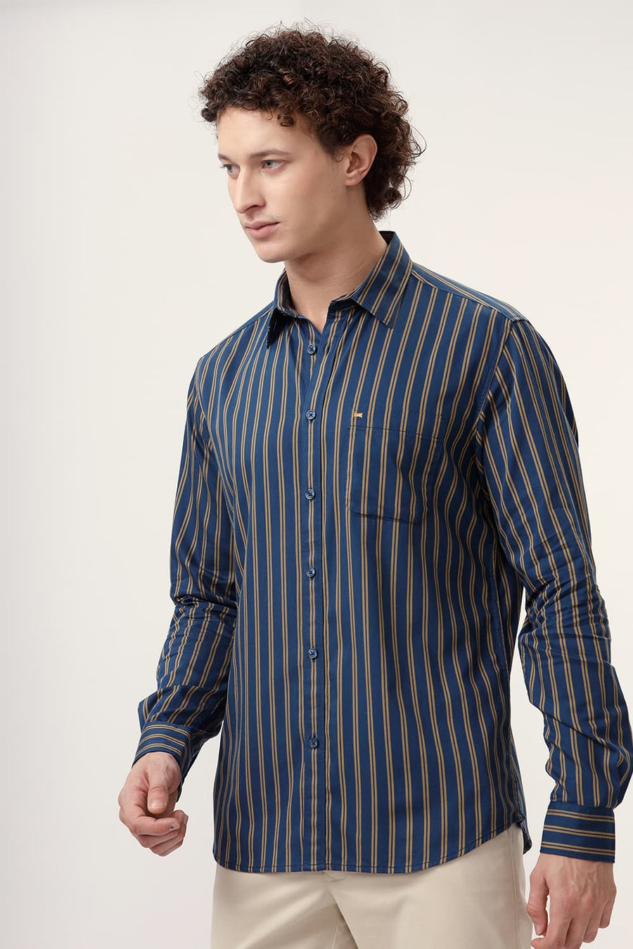 BASICS SLIM FIT SAILOR NAVY COTTON TWILL STRIPE SHIRT