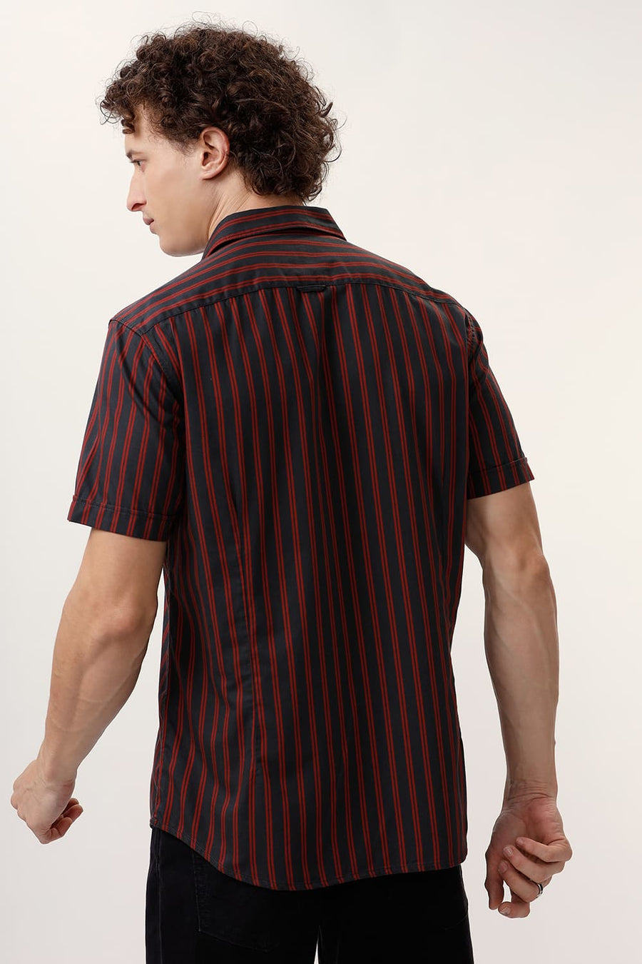 BASICS SLIM FIT CASTLEROCK BLACK COTTON TWILL STRIPE HALFSLEEVES SHIRT