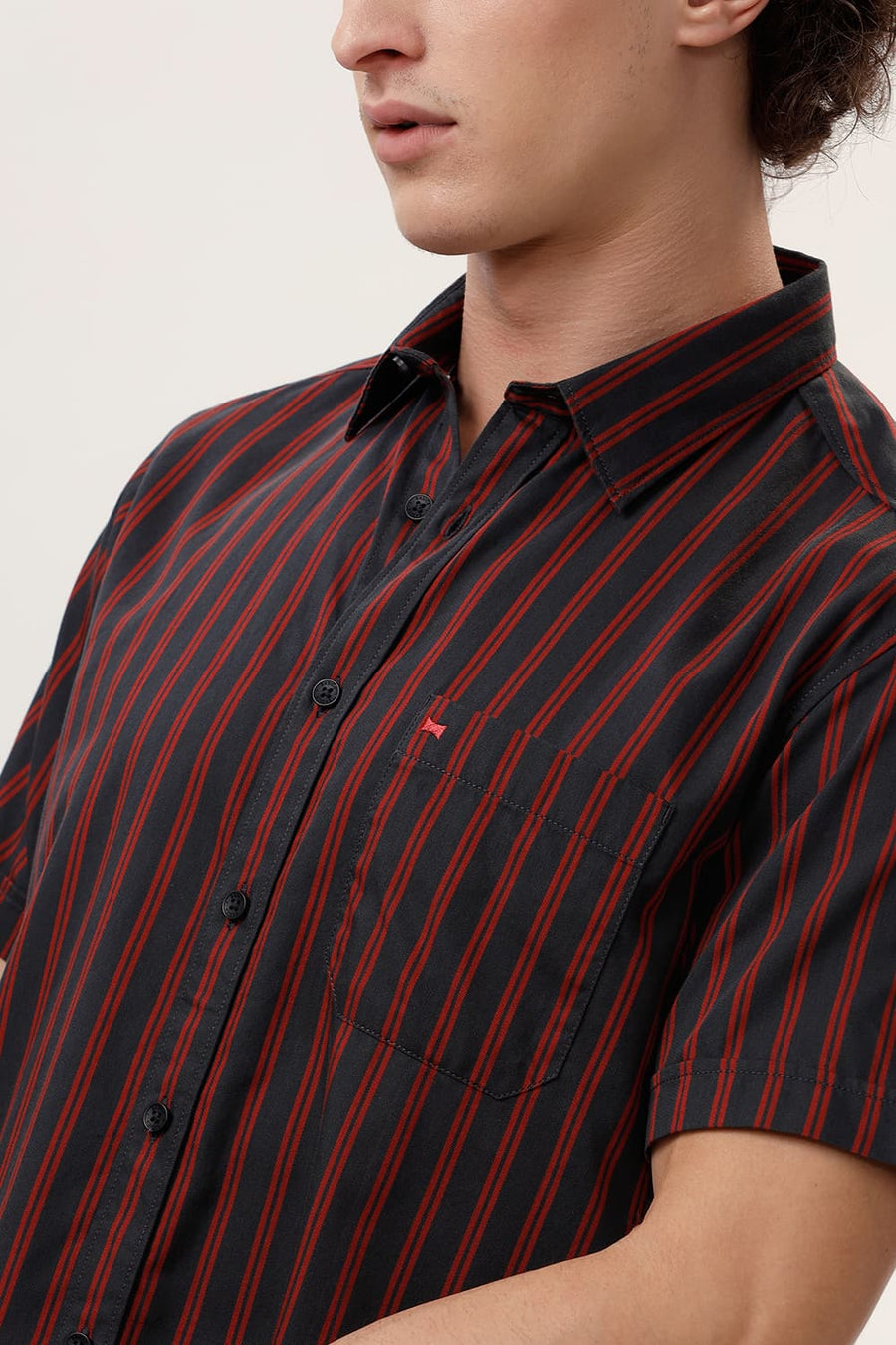 BASICS SLIM FIT CASTLEROCK BLACK COTTON TWILL STRIPE HALFSLEEVES SHIRT
