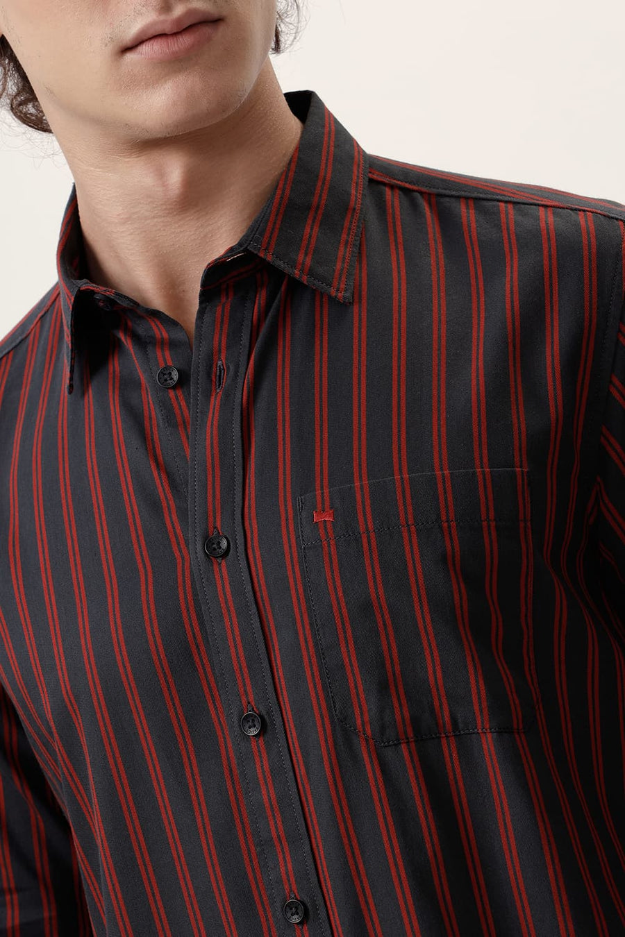 BASICS SLIM FIT CASTLEROCK BLACK COTTON TWILL STRIPE SHIRT