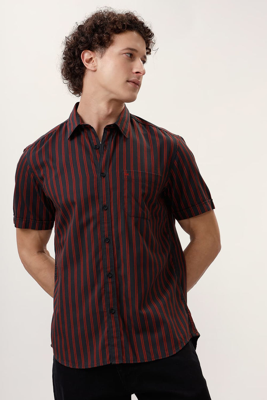 BASICS SLIM FIT CASTLEROCK BLACK COTTON TWILL STRIPE HALFSLEEVES SHIRT