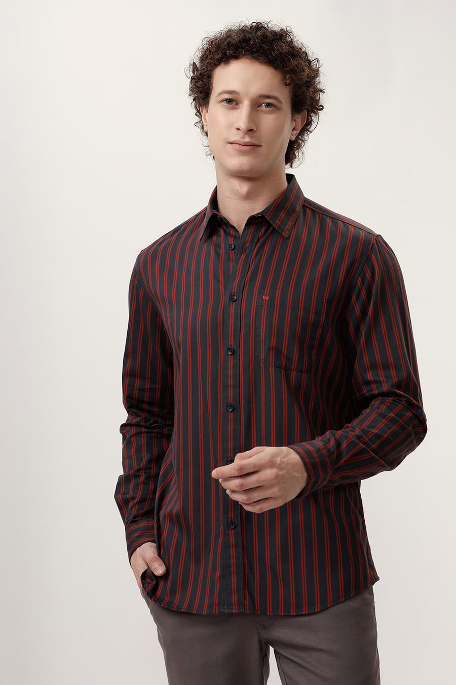 BASICS SLIM FIT CASTLEROCK BLACK COTTON TWILL STRIPE SHIRT