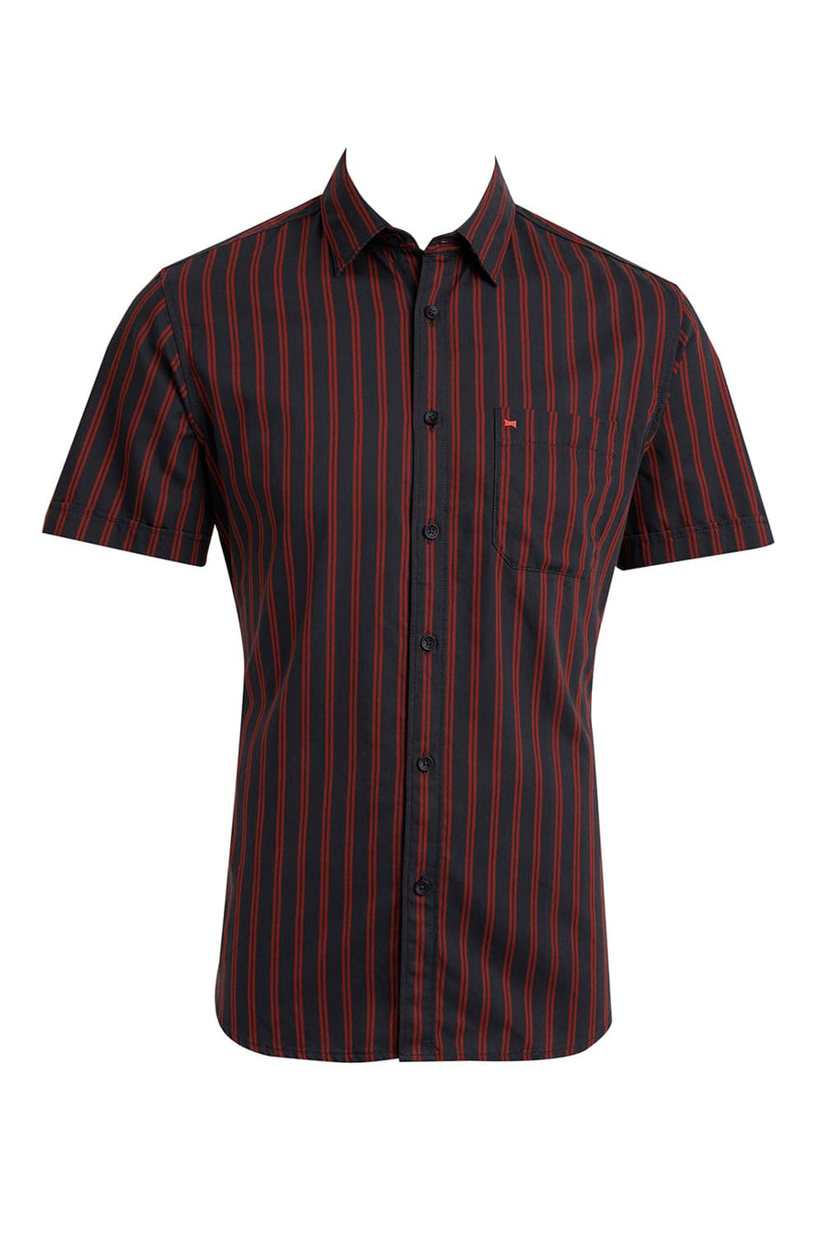 BASICS SLIM FIT CASTLEROCK BLACK COTTON TWILL STRIPE HALFSLEEVES SHIRT
