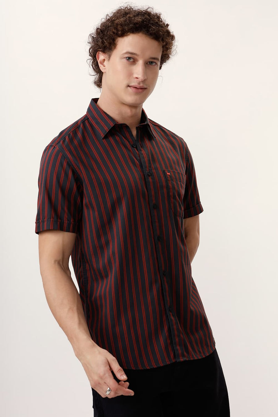 BASICS SLIM FIT CASTLEROCK BLACK COTTON TWILL STRIPE HALFSLEEVES SHIRT