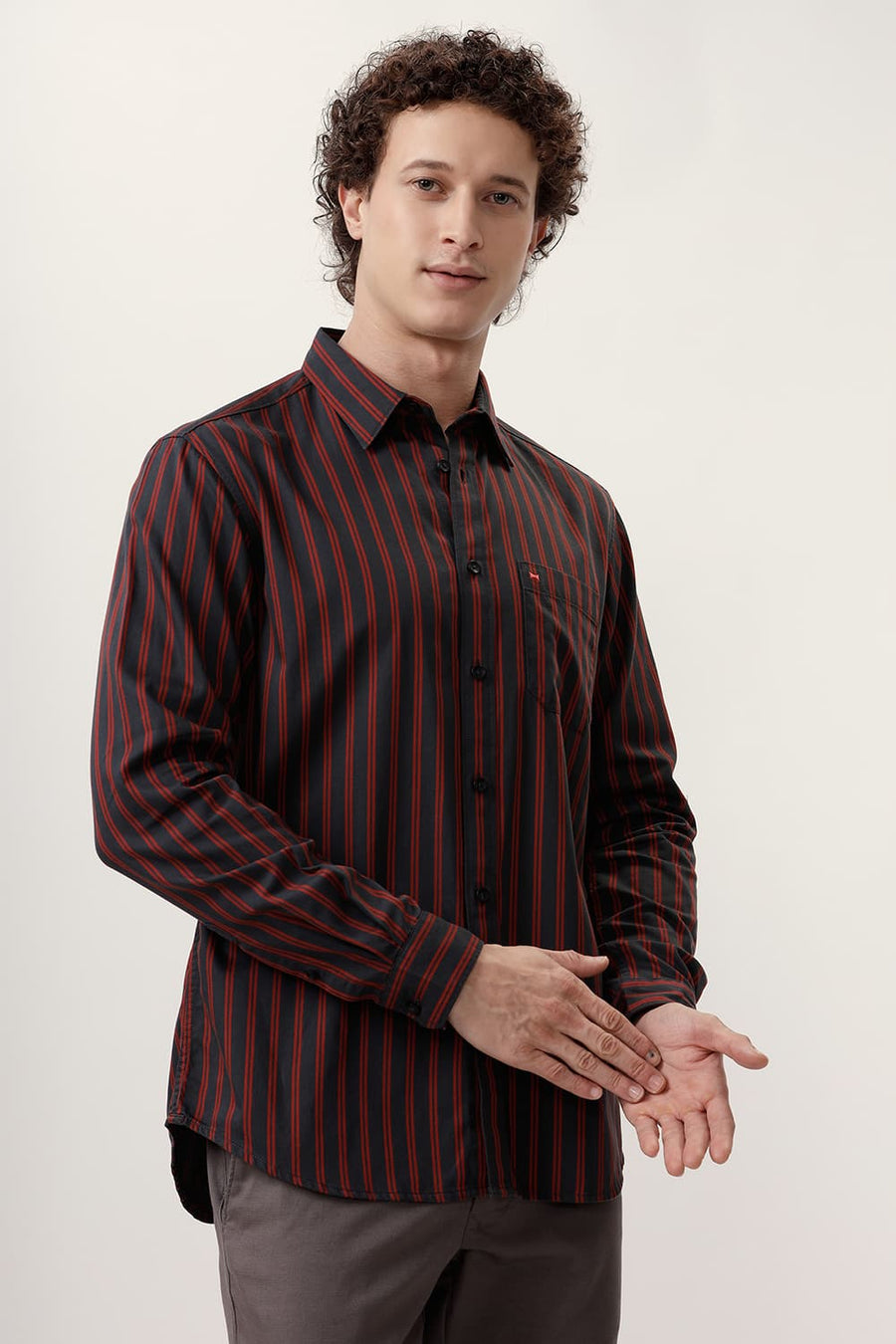 BASICS SLIM FIT CASTLEROCK BLACK COTTON TWILL STRIPE SHIRT
