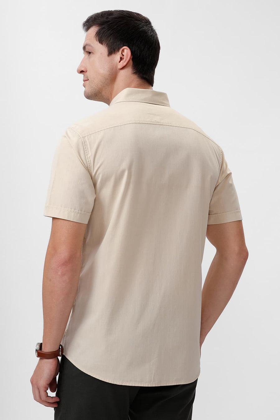BASICS SLIM FIT ANGORA BEIGE COTTON POLYESTER VISCOSE HALFSLEEVES SHIRT